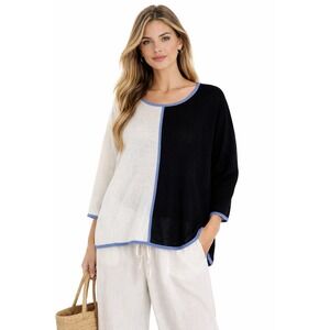 Pure Amici 100% Linen Black Cream‎ Blue Colorblock Minimalist Knit Top M